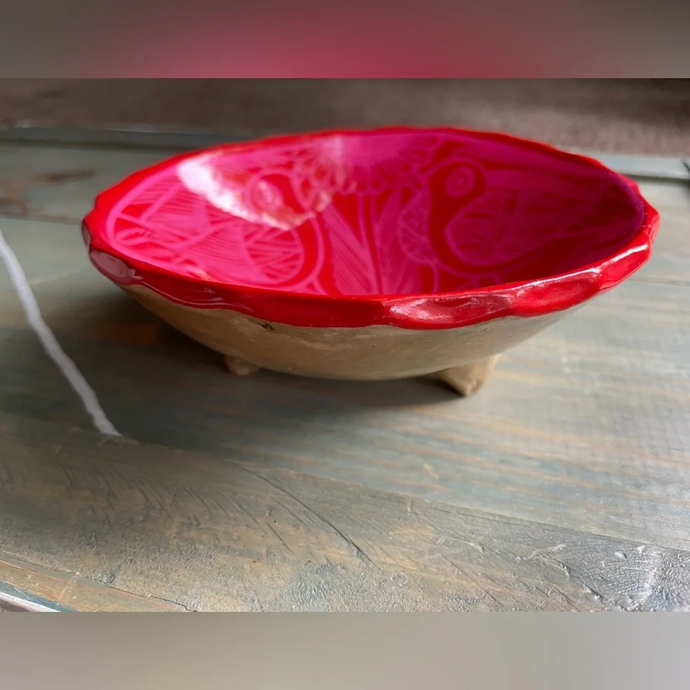 VTG Pink Red Handpainted Mexican Pottery Dish Bowl Birds Flower